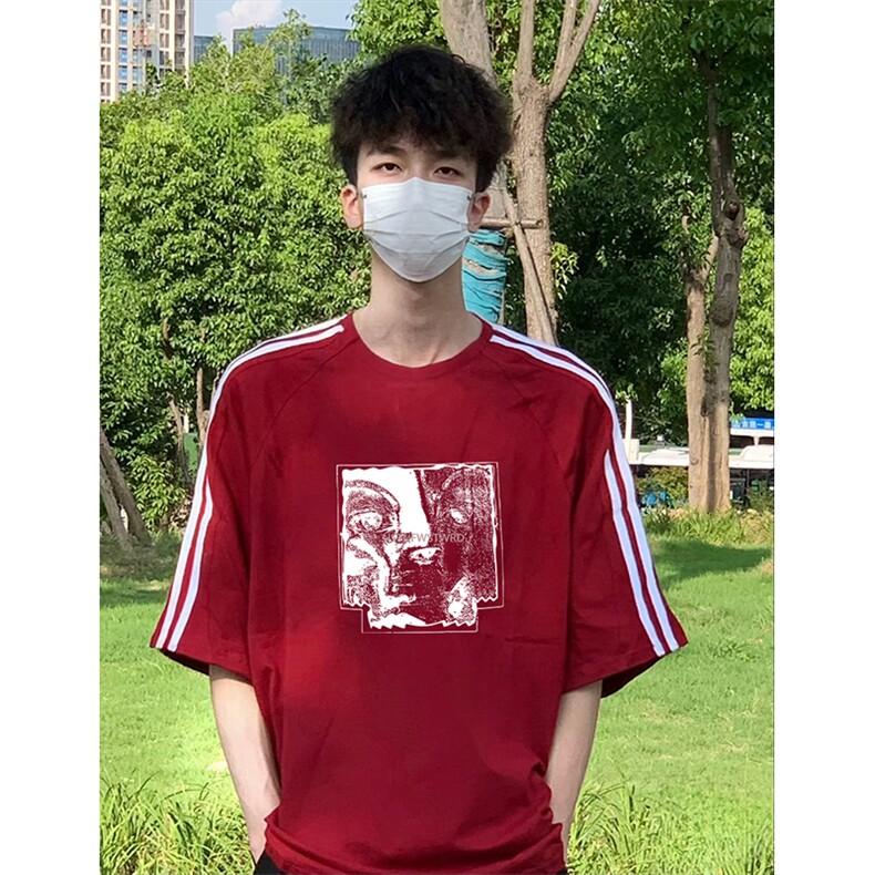 抖音得物高品质二开240克宽松纯棉美式潮牌三条杠织带短袖T恤,男装T恤,电商A486-1