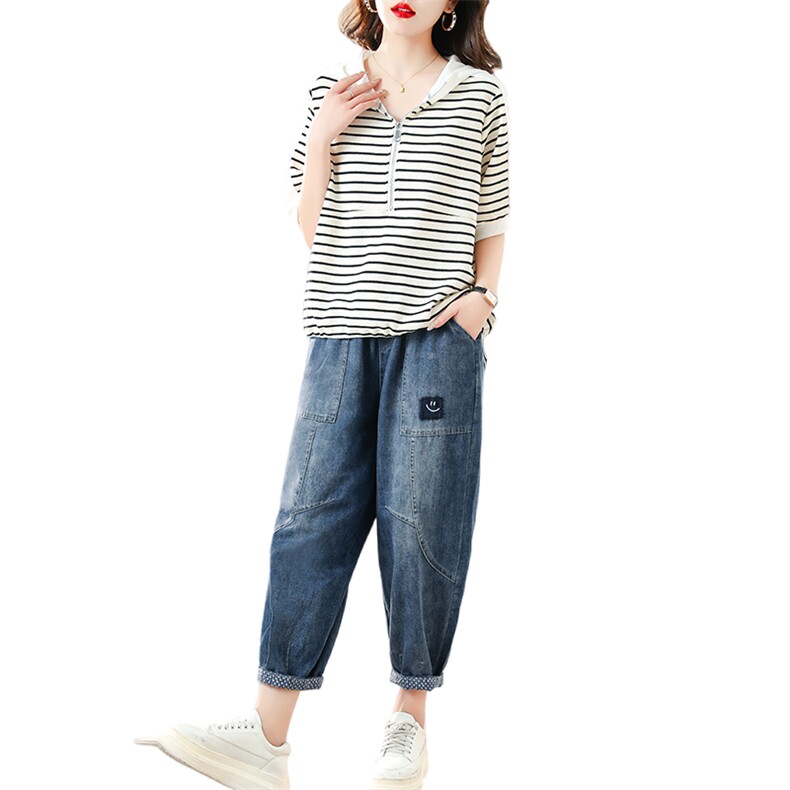 时尚条纹卫衣牛仔裤套装女夏季新款宽松显瘦休闲两件套,女装套装/套裙,利佳可人