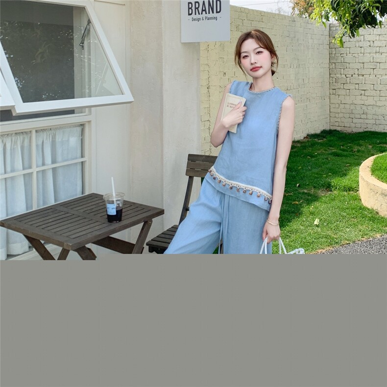 蓝色休闲松弛感套装女2025夏季新款气质时尚亮片背心阔腿裤两件套,女装套装/套裙,2C166