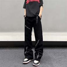 暗黑宽松微喇叭黑色牛仔裤多拉链设计感男女裤子N09037-P45，男装牛仔裤，星座308B-1