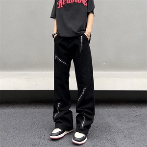 暗黑宽松微喇叭黑色牛仔裤多拉链设计感男女裤子N09037-P45图片