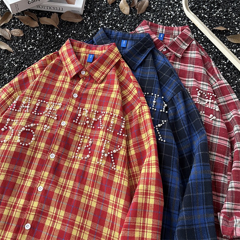港风秋款男长袖格子条纹衬衫钉珠宽松衬衣CS393p50,男装衬衫,星座1013-1