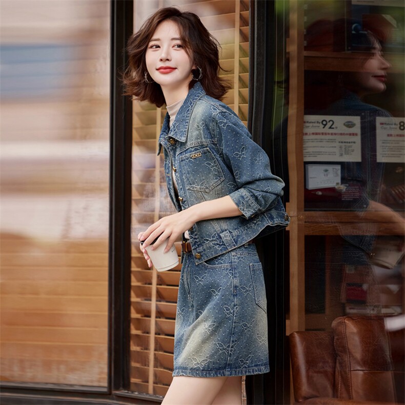 长袖翻领牛仔外套女短款春秋2025新款牛仔半身裙时尚套装,女装套装/套裙,意芙