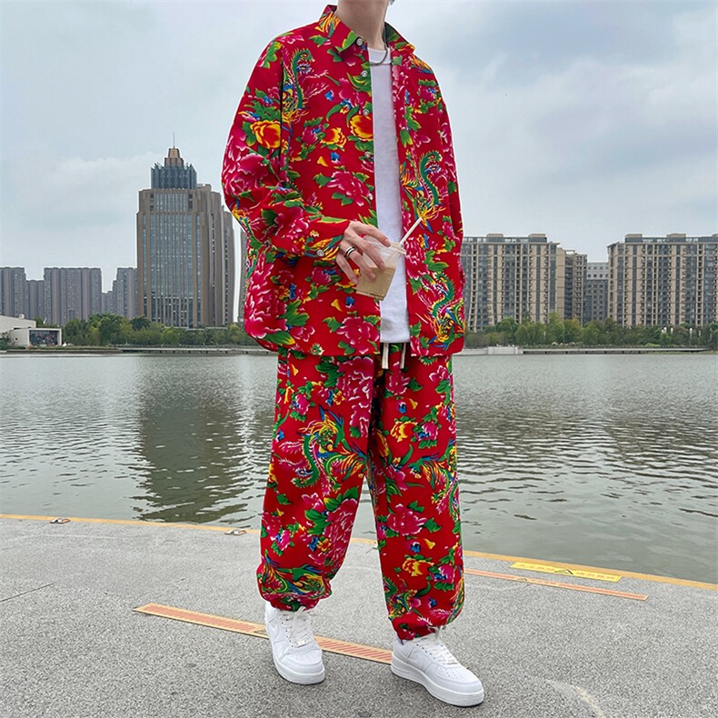 东北花衬衣男新式唐装复古潮大码牡丹衬衫秋季长裤8018套装特P55,男装衬衫,电商A056