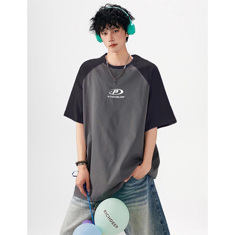 抖音得物高品质二开240克宽松纯棉美式潮牌插肩袖拼接短袖T恤，男装T恤，电商A486-1