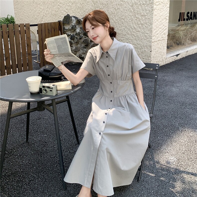 时髦简约气质淡人翻领连衣裙女2025夏季松弛显瘦泡泡袖高腰衬衫裙,女装连衣裙,2D145