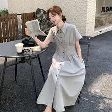 时髦简约气质淡人翻领连衣裙女2025夏季松弛显瘦泡泡袖高腰衬衫裙，女装连衣裙，2D145