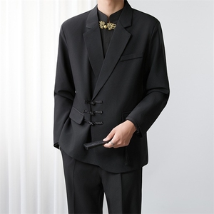 新中式黑色盘扣西装外套风中山装订婚新郎结婚礼服休闲西服W33,鞠婧祎西服搭配图片