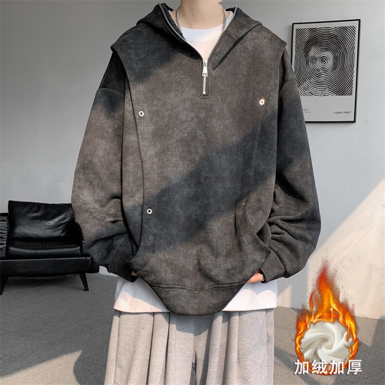 重磅扎染连帽卫衣男春秋季小众设计感半拉链潮牌痞帅大码休闲外套,男装卫衣,电商A059