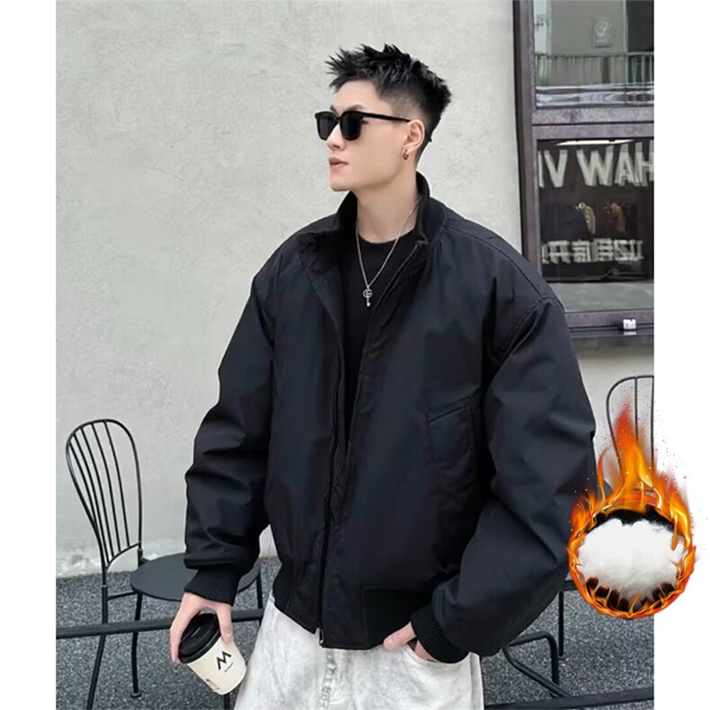 抖音得物 美式潮休闲夹克春季立领纯色复古工装加厚棉服外套AMY02图片
