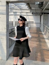 时尚撞色拼接重工镶砖连衣裙，女装连衣裙，非次元