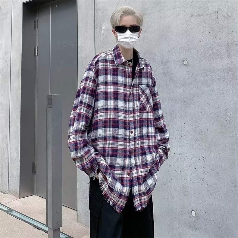 美式复古格子拼色防晒长袖衬衫男女外套潮流高街C31-P45,男装防晒衣,星座1109-3