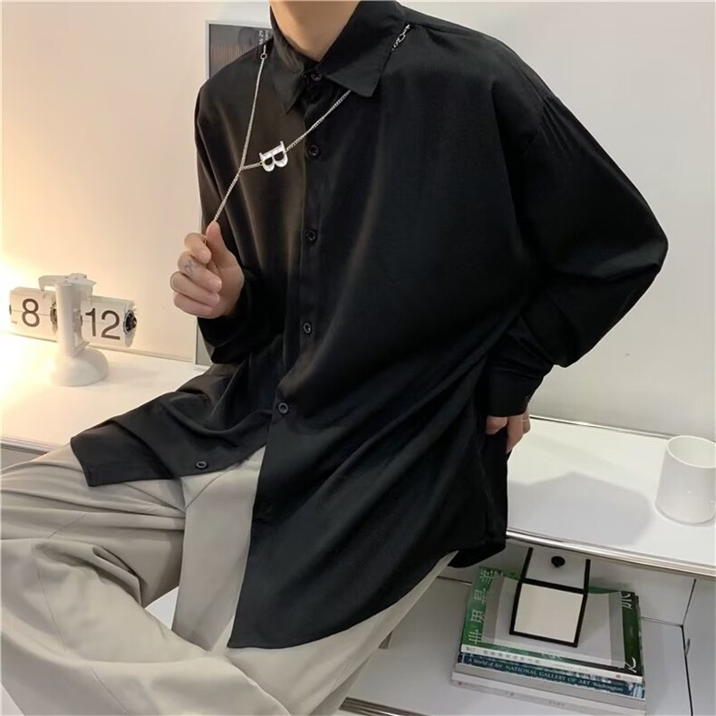 纯色长袖衬衫oversize宽松项链垂感小众衬衣男禁欲系C607P34,男装衬衫,星座1116-2