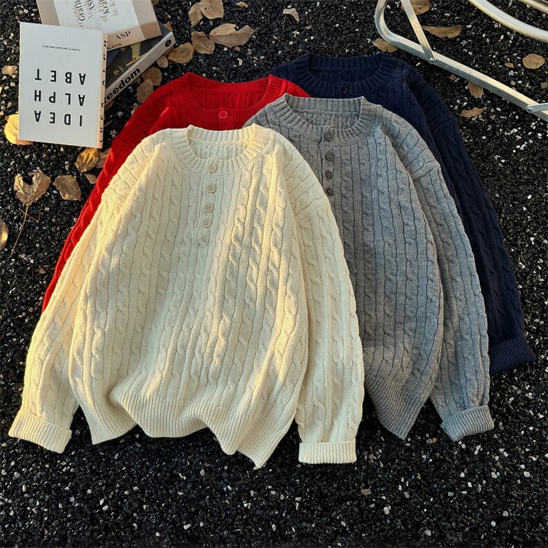 秋款男女圆领单排扣毛衣麻花螺纹针织衫本命年红宽松外套M994P50,男装针织衫/毛衣,星座1013-1