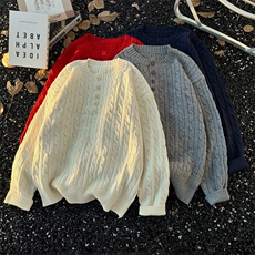 秋款男女圆领单排扣毛衣麻花螺纹针织衫本命年红宽松外套M994P50，男装针织衫/毛衣，星座1013-1
