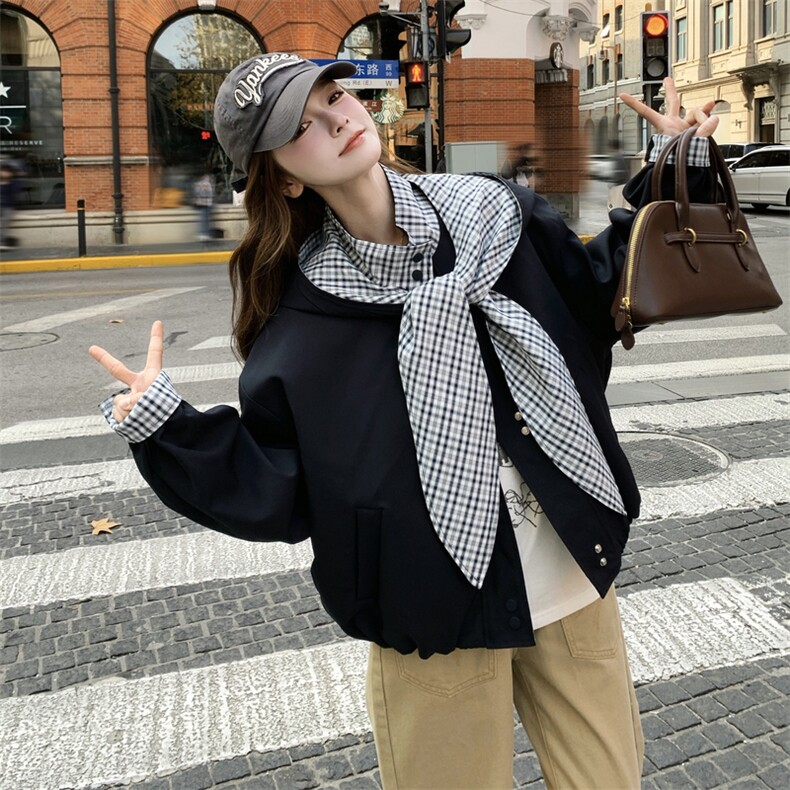 26春新款现-英伦风格子拼接撞色飘带宽松外套2606-P160K258,女装短外套,2B190