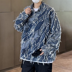 流苏毛边牛仔衬衫外套男潮牌痞帅男士秋季宽松夹克C2227-P68，男装夹克，星座1001-1
