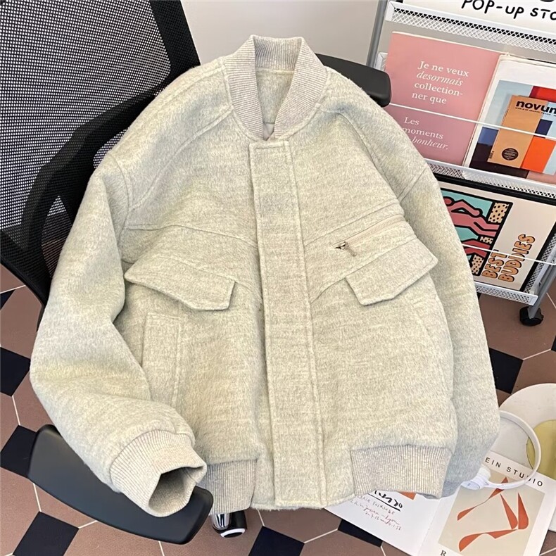美式潮流夹棉毛呢棉服外套男冬季落肩宽松呢料棉衣夹克W6295-P109,男装棉衣,星座412-3