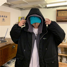 2023新款假两件连帽棉衣外套港风潮牌棉服上衣学生保暖W2277-P82，男装棉衣，星座512-2