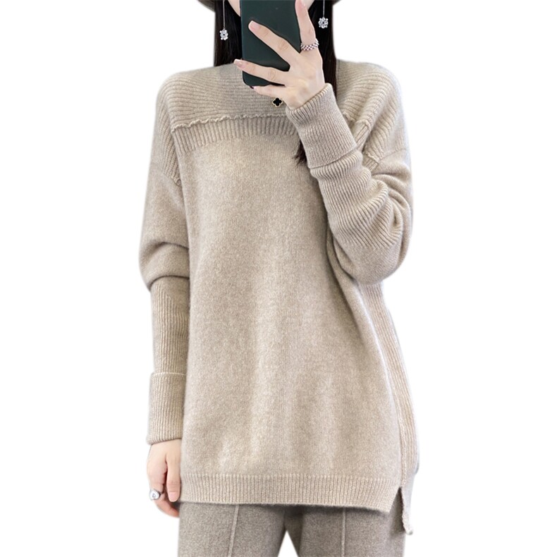 2024秋冬季新款圆领宽松外穿女中长款羊毛上衣,女装羊毛衫,迅太羊绒
