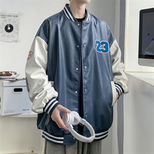 2035-P85港风春秋新款夹克男字母刺绣港风棒球服宽松休闲PU皮外套图片