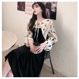 爆版娃娃领碎花拼接假两件长裙胖妹妹秋冬丝绒长袖打底减龄连衣裙图片