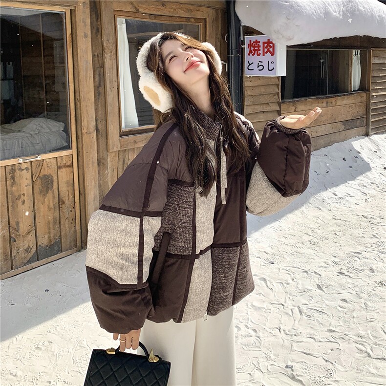现货拼色羽绒服女冬短款小个子2025年新款今年流行设计感小众拼接,女装羽绒服,琦鑫阁（原依鑫阁）