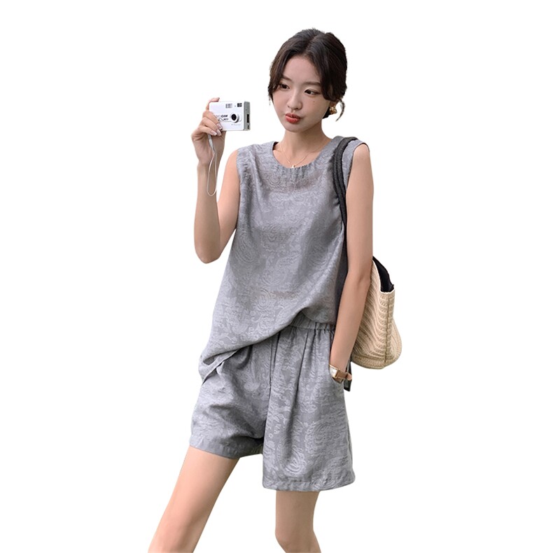 短裤套装女2024夏新款高级感欧货时尚漂亮休闲洋气无袖天丝两件套,女装套装/套裙,瑶迪依秀