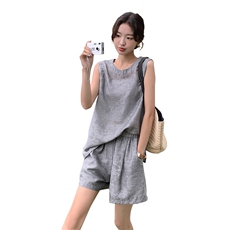 短裤套装女2024夏新款高级感欧货时尚漂亮休闲洋气无袖天丝两件套，女装套装/套裙，瑶迪依秀