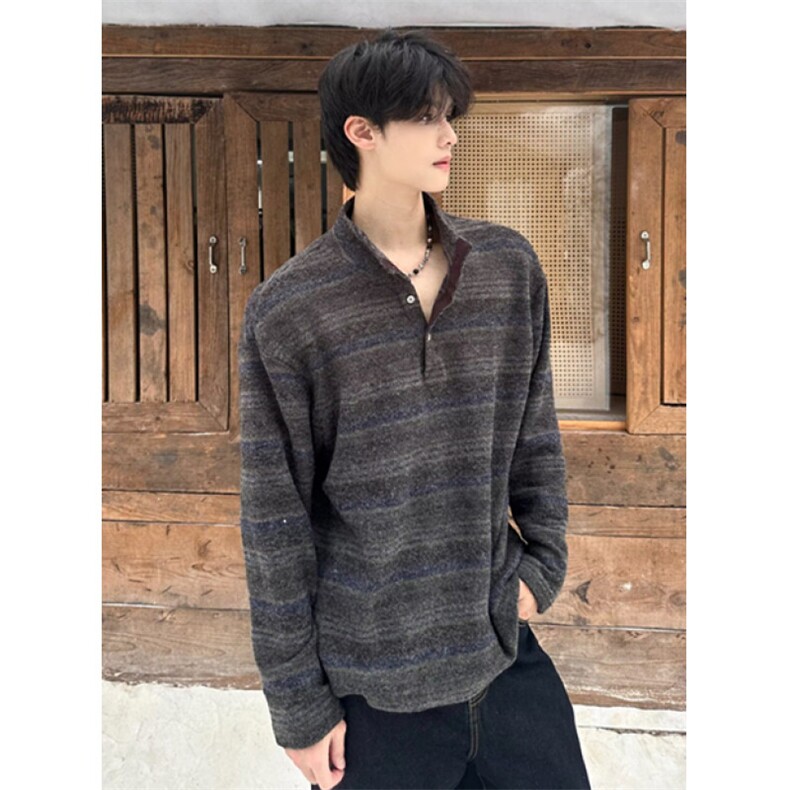 春季软糯韩兔毛绒针织衫条纹亨利领长袖T恤老钱男T3806,男装T恤,星座1116A（原606A-3）