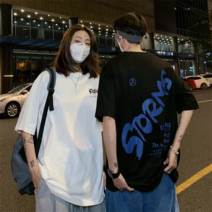 情侣装夏季2021新款韩版字母印花短袖T恤宽松D88女类图片