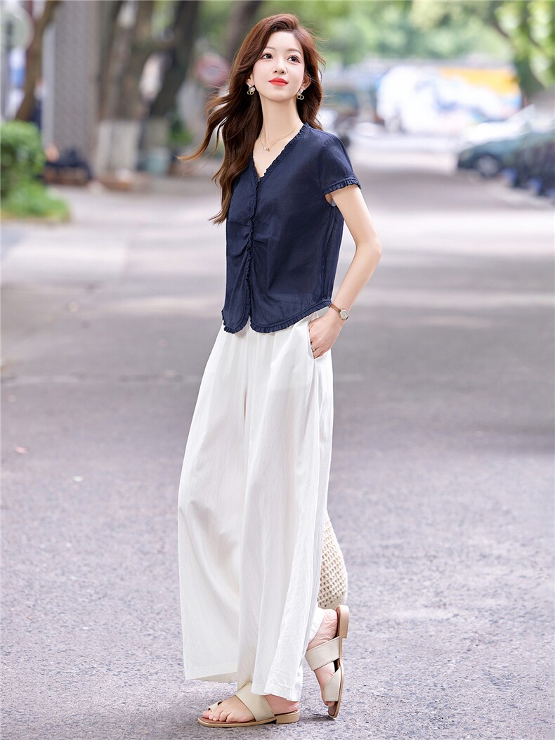 韩系V领小衫气质阔腿裤两件套女2025夏新款洋气显瘦时尚休闲套装,女装套装/套裙,妙形