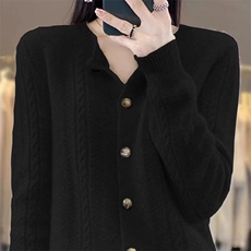 25秋冬新款绞花圆领100%纯羊毛开衫女纯色提花长袖羊绒衫宽松外套，女装针织衫/毛衣，萱芳婷羊绒