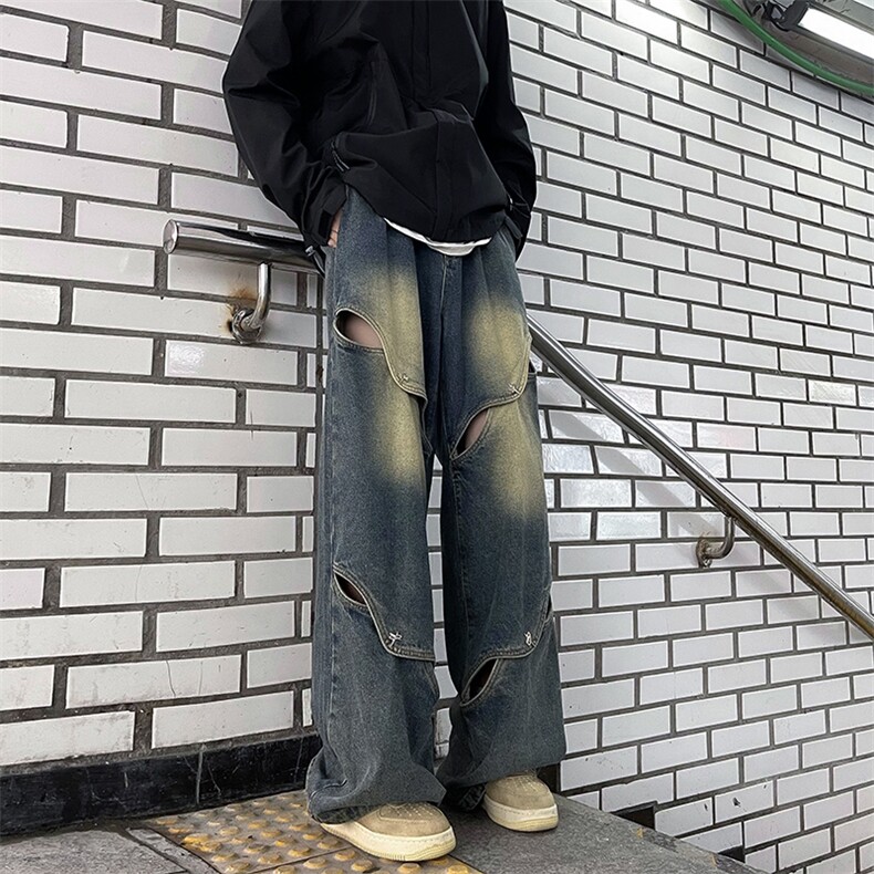 美式高街牛仔裤男韩版潮破洞拼接个性2023秋冬ins长裤RK1163-P53图片