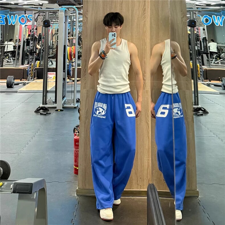 美式刺绣蓝色健身裤子男秋冬训练运动厚棉裤cleanfit直筒阔腿弯刀,男装棉裤,星座1210-1