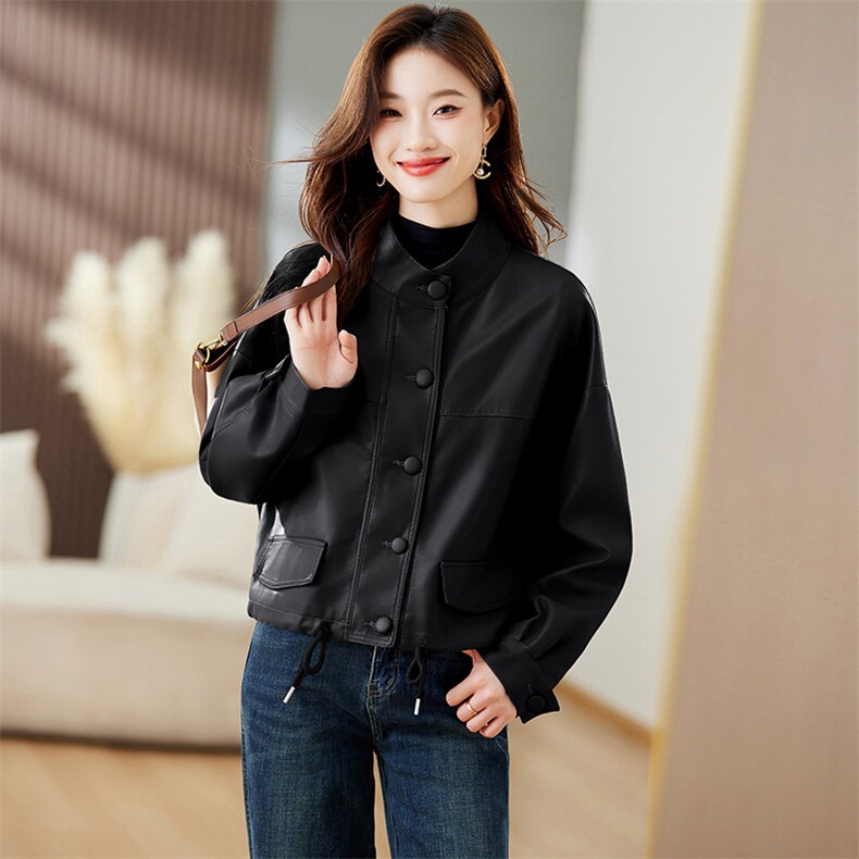 加绒短款皮衣外套女小个子秋季2023年新款美式复古机车服pu皮夹克,女装皮衣,潮流依族