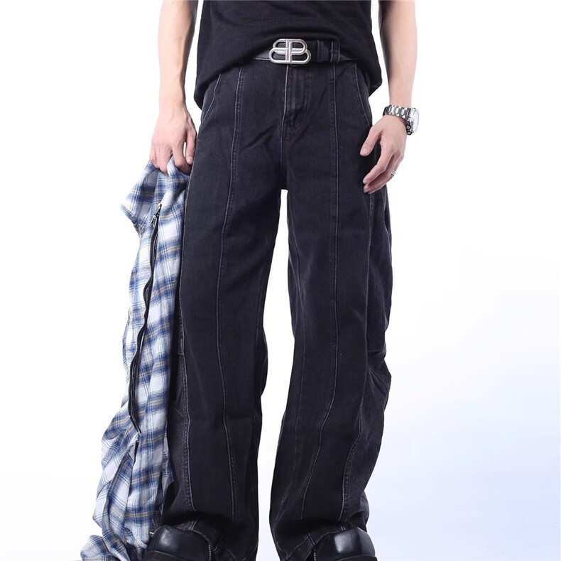 美式高街解构设计感水洗弯刀裤男宽松直筒阔腿牛仔裤潮，男装牛仔裤，星座1210-1
