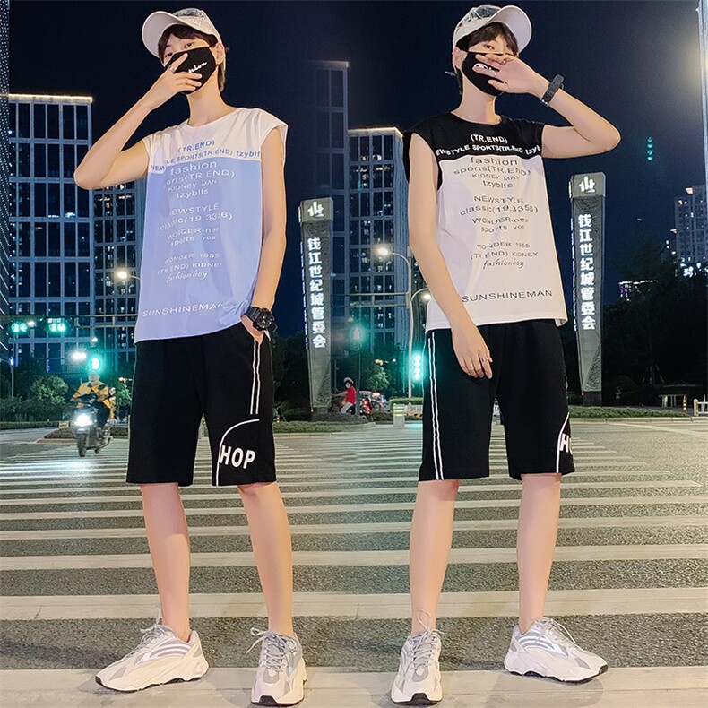 青少年运动休闲情侣卡通两件套无袖T恤短裤背心套装男TZ257,男装背心/马甲,电商A441