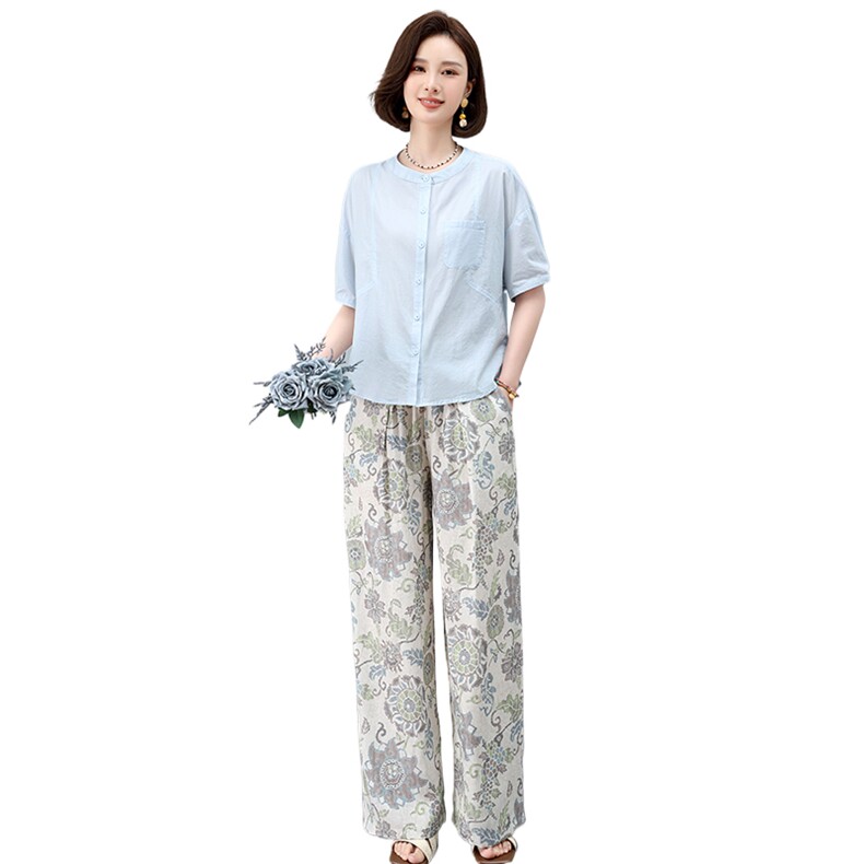 叶笙衣套装2537-151宽松纯色棉上衣复古印花裤套装,女装套装/套裙,叶笙衣