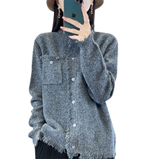 秋冬100%纯羊毛开衫女圆领流苏带兜长袖外套宽松拼色羊绒衫上衣，女装羊毛衫，忠诺羊绒