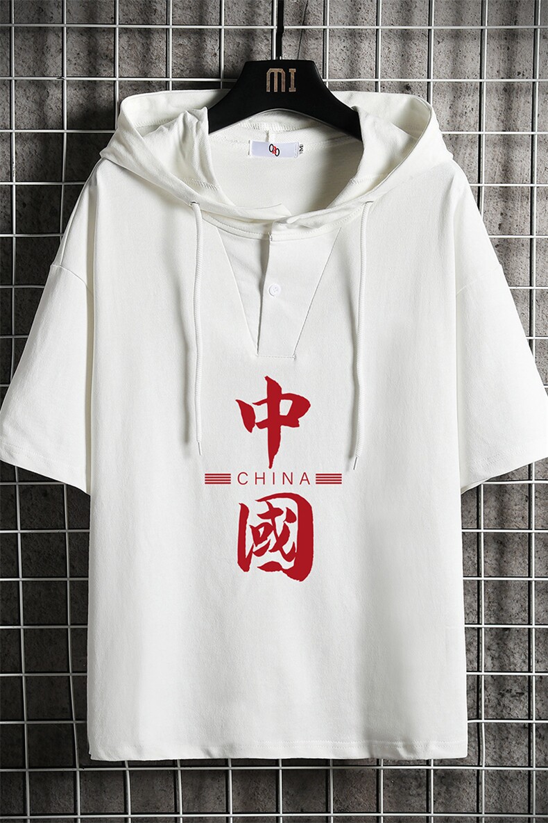 LD54198-P45连帽短袖t恤男大码胖子带帽五分袖中袖网格挂拍,男装T恤,电商A040A