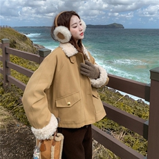 卡其色羊羔毛领拼接短款派克羽绒服女2025冬季小个子加厚保暖外套，女装羽绒服，慧尚依恋