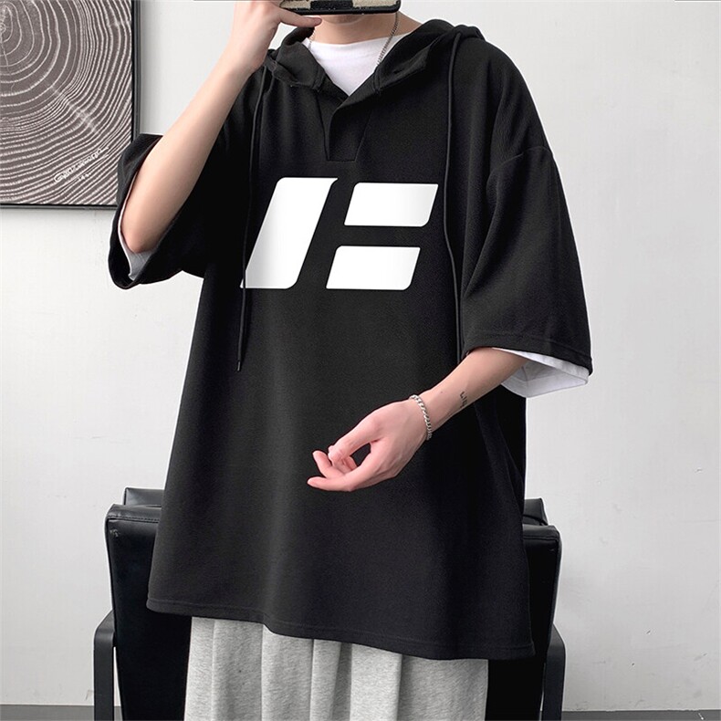 LD5435-P45连帽短袖t恤男大码胖子带帽五分袖中袖,男装T恤,电商A040
