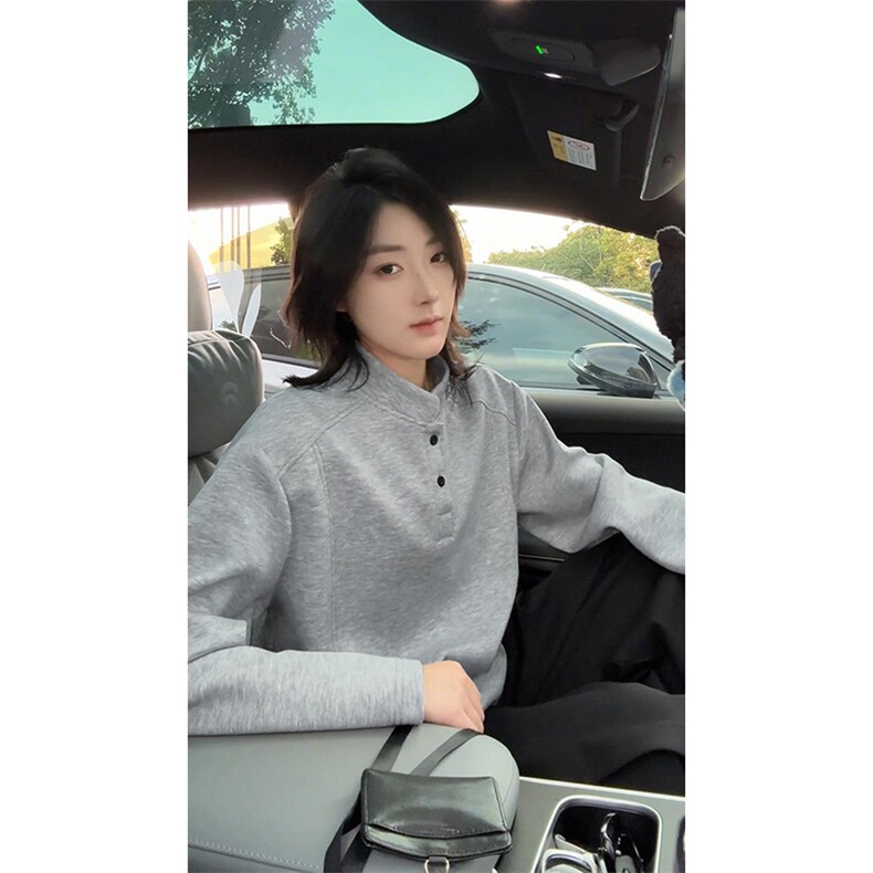 抖音得物品质美式高街重磅曼巴棉拼接cleanfit亨利领卫衣长袖T恤,男装T恤,电商A486