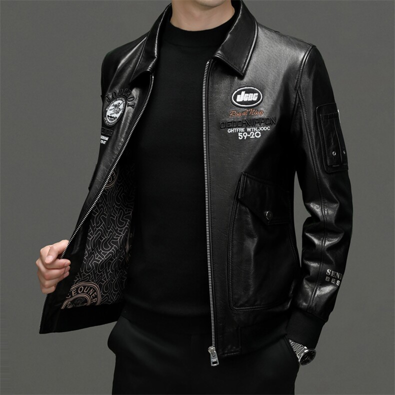 秋冬新款海宁真皮皮衣男牛皮外套徽章空军服刺绣皮衣翻领P960,男装皮衣,电商B360A（原721A）