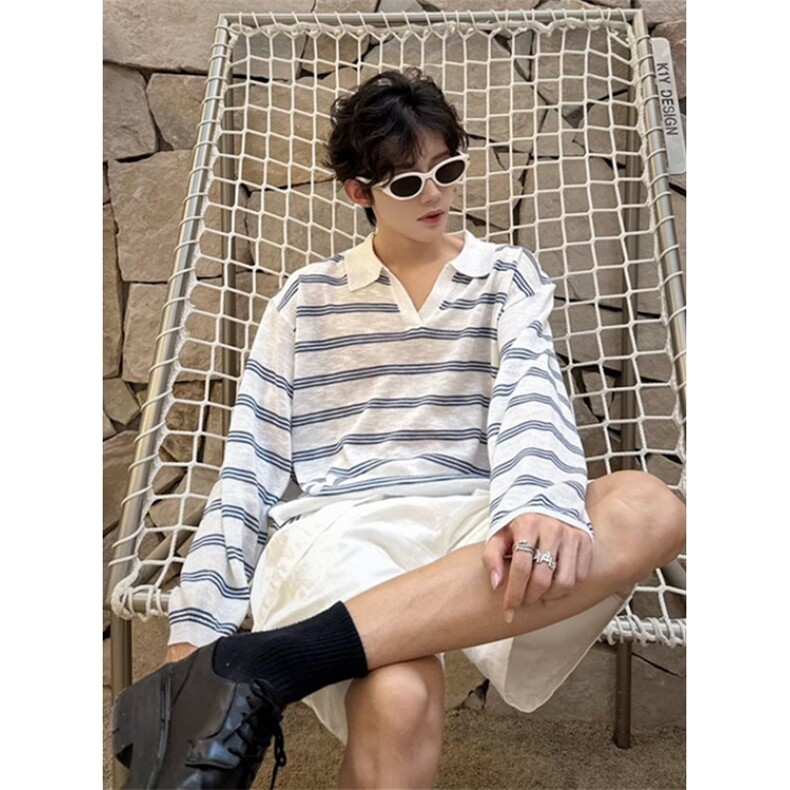 夏季薄款撞色条纹针织长袖T恤男女宽松休闲慵懒防晒上衣T5607,男装防晒衣,星座1116A（原606A-3）