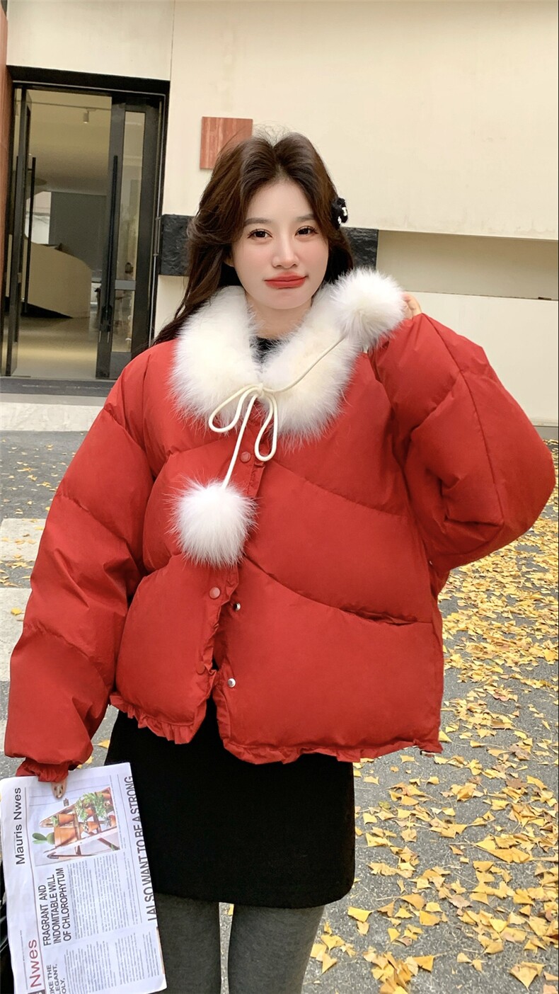新款现！真狐狸毛保暖红色羽绒服外套2C133-6012-P285-K408,女装羽绒服,2C133