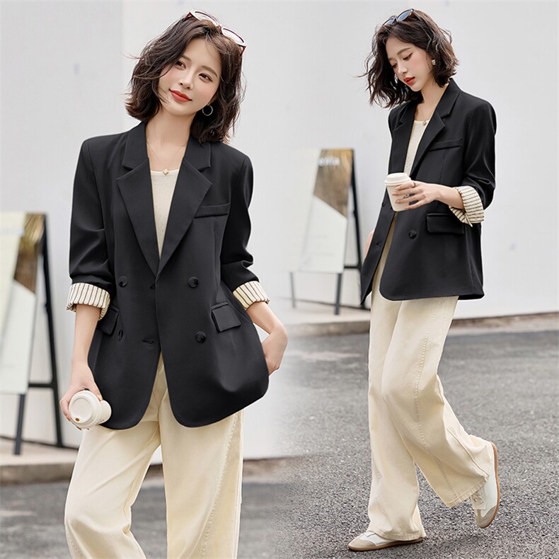高级感时尚拼接西装外套女2025春季新款洋气百搭双排扣小西服上衣,女装西装,天丝秀