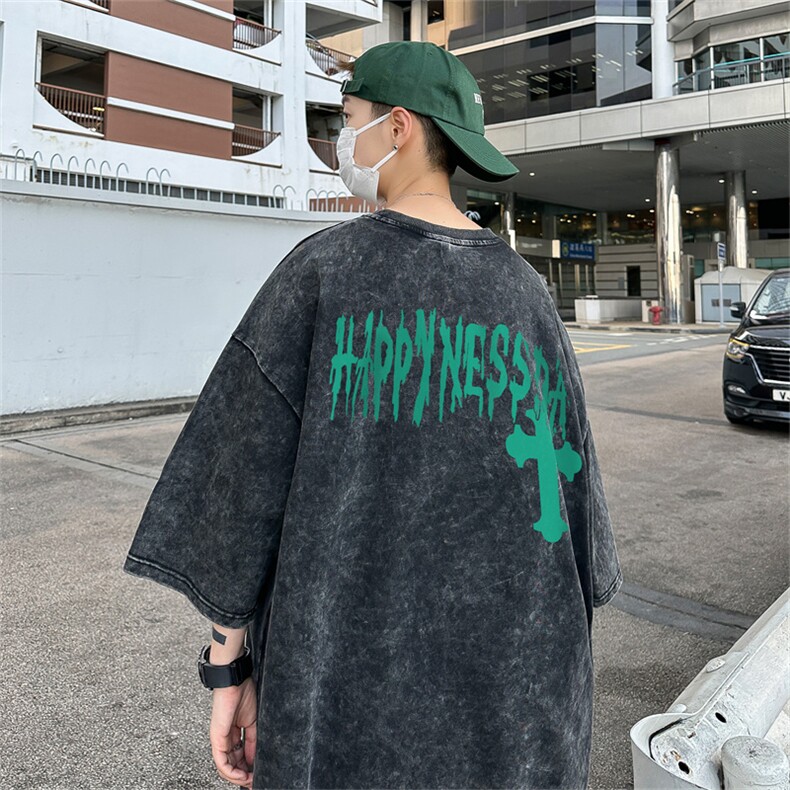 美式创意字母十字架印花 复古水洗做旧半袖 短袖T恤B239-1209-P38图片