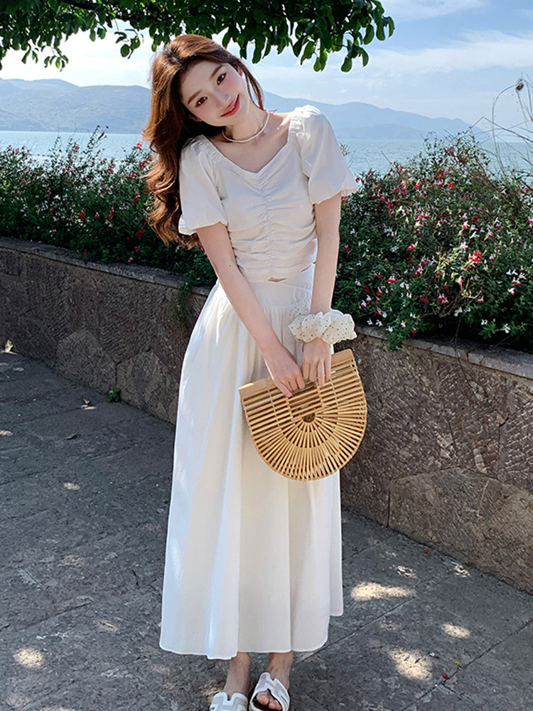 白色时尚甜美压褶设计上衣套装裙女2025夏季新款优雅半身裙两件套,女装套装/套裙,浙宝220